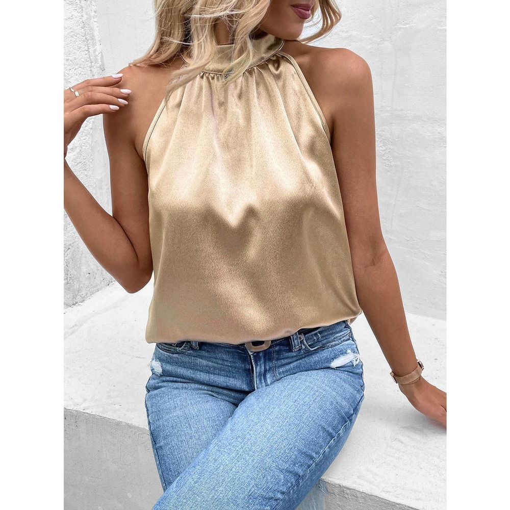 Solid Keyhole Back Halter Neck Blouse gold - Picture 1 of 7